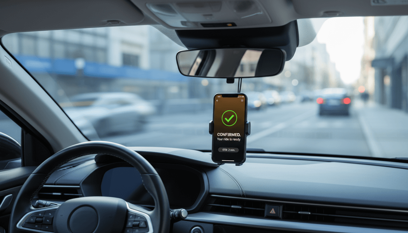 Smartphone showing digital SMS confirmation on car dashboard with blurred Madrid street scene in background
